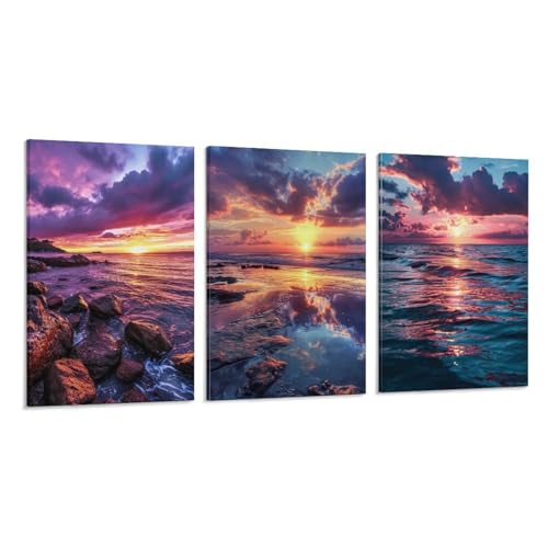 3枚 黄金色の夕日が浜辺に映える 絵画 インテリア ポスター 魅惑的な色彩の風景 美しい海の景色 アートパネル 風景画 自然風景 絵 アートポスター 装飾画 キャンバス 飾り絵 壁飾り 壁の絵 玄関 壁掛け 木枠付きの完成品 60x90cm