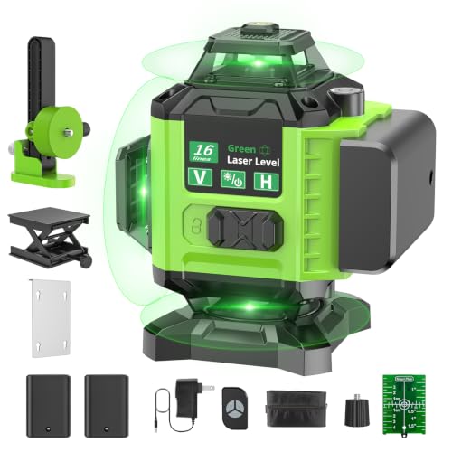 Nivel Laser Autonivelante 360 Grados, Nivel Láser Verde 16 Líneas, 2 x 360 Horizontal y 2 x 360 Verticales, 2 x Batería, Montaje en Pared, Control Remoto, Base Magnética, Soporte Giratorio, Trípode