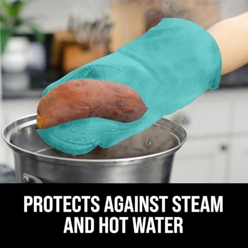 Image of BPA-Free Soft Silicone Oven Mitts - Ultra Heat Resistant Oven Mitts with Thick Cotton Liner - Long Slip Resistant Pot Holders, Flexible Oven Gloves - Turquoise 13.7 inch