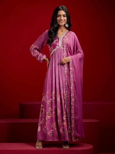 Image of KD Georgette Women's Anarkali Floral Printed Kurta Pant Set with Dupatta Kurta Kurti for Women