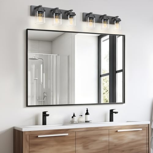 Image of Black Bathroom Light Fixtures, 3 Lights Bathroom Lighting Fixtures Over Mirror, Square Design & Rectangle Large Backplate, Modern Vanity Lighting Fixtures, for Bathroom /Living Room /Bedroom