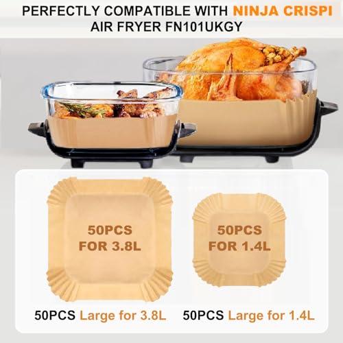 Image of 100PCS Air Fryer Liners for Ninja CRISPi FN101UKGY, Disposable Air Fryer Parchment Paper Liners for 3.8L & 1.4L Glass Container Air Fryer, Non-Stick Air Fryer Accessories for Ninja CRISPi