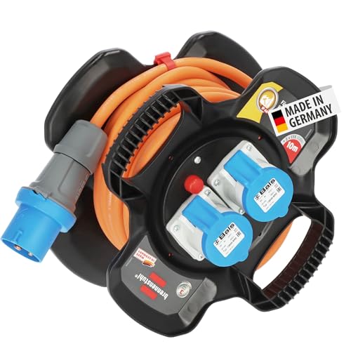 Brennenstuhl CEE 230V Camping Kabeltrommel X-Gum (10m H07RN-F 3G2,5 Kabel in orange, Kabeltrommel mit 2 CEE- und 3 Schutzkontakt-Steckdosen, ständiger Einsatz außen IP44, Made in Germany)