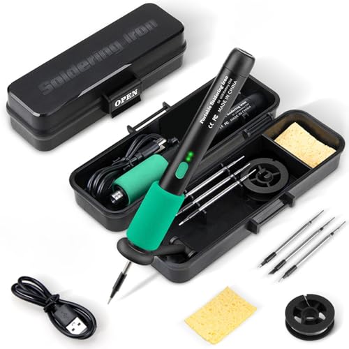 Treedix Draadloze soldeerboutset, 5 V, 15 W, mini draagbare soldeerbout, instelbare temperatuur, 8 seconden snel opwarmen, 3 soldeerpunten, USB-C draadloze soldeerbout met box voor het werk