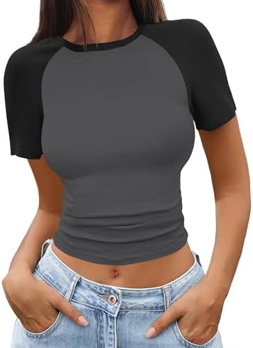 Women's Short Sleeve T Shirts Crewneck Color Block Ribbed Knit Slim Fit Casual Basic Crop Tops Summer Outfits