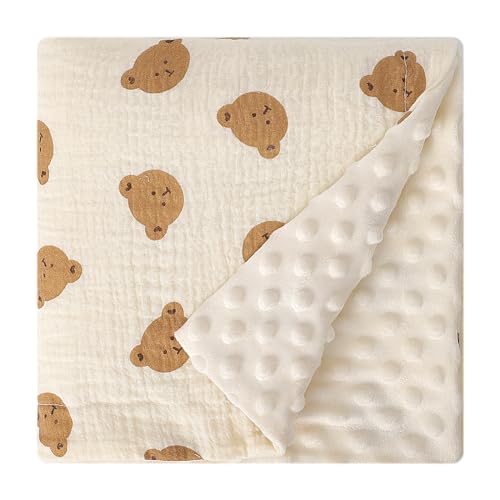 Image of Knirose Fluffy-Backed Swaddle Blankets Baby Double Layer Muslin 100% Cotton Front Nursery Plush Dotted Fleece Back Receiving Bed Quilt Blanket for Unisex Newborn Baby Toddler Boys Girls 30 x 41 Inches