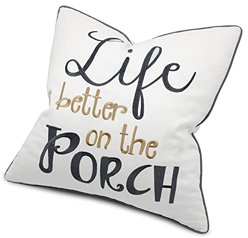 YugTex Life is Better On The Porch Embroidered Cotton Decorative Square Accent Throw Pillow Cover - Decor for Couch, Porch, New Home - 18x18 Inches, Offwhite - Image 3