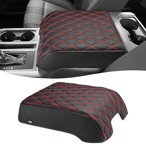 KBH Auto Center Console Armrest Cover for 2015-2020 Ford F150, 2017-2022 F250 F350 F450 F550, 2018-2024 Expedition, Bucket Seat Only, Anti-Scratch, Black-Red Stitch (Not for Other Years)
