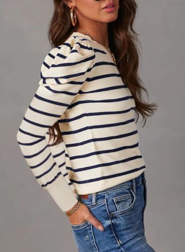 UNCLECAT Women's Striped Sweater Trendy Lightweight Sweaters Puff Long Sleeve Tops Casual Knit Pullover Shirts3