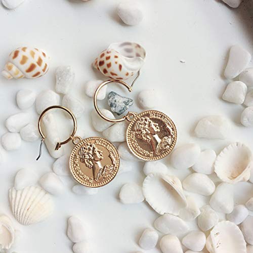 Doubnine Coin Hoops Earrings Medallion Greek Goddess Portrait Gold Dainty Tiny Disc Dangle Women Fashion Jewelry4
