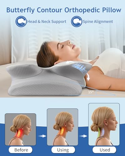 Cervical Neck Pillow for Pain Relief Sleeping, Cooling Ergonomic Contour Side Sleeper Pillow for Neck Support, Odorless Soft Memory Foam Orthopedic Bed Rest Pillow for Back Stomach Sleeper, Grey