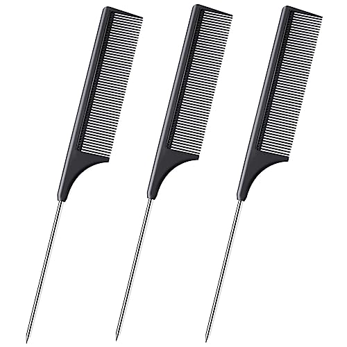 DAZISEN 3 Piezas de Peine para el Cabello - Peines Antiestáticos Peines de Dientes Finos Peine de Peluquería con Mango de Acero Inoxidable para Mujer y Hombre