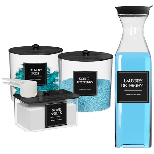 3+1 Pack Laundry Pods Containers & Dryer Sheet Holder & Laundry Detergent Dispenser Laundry Room Organization and Storage Jars with Lids Labels and Scoops for Scent Booster Powder Pods Black Lid
