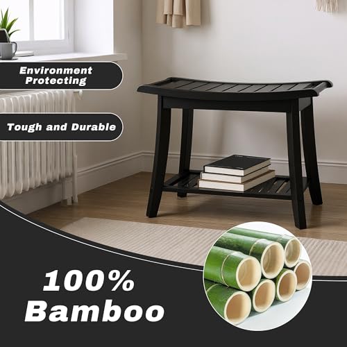 Image of Bamboo Shower Bench Stool,24 inch Shower Chair Seat Non-Slip,Waterproof Bathroom Bench with Storage Shelf for Adults,Elderly, Disabled Indoor&Outdoor Use (Black)