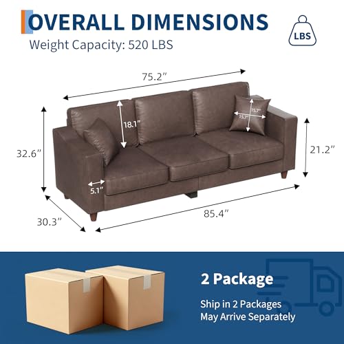 Faux Leather Couch with 2 Throw Pillows, Sofa Couches for Living Room, 3 Seater Sofa with Wide Armrests, Wood Legs, Deep Seats, Back Cushion, Sturdy Support Feet, for Office, Living Room, Dark Brown - Image 3
