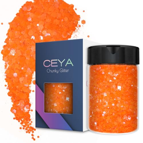 Ceya Chunky Glitter 4.9oz/ 140g Orange Craft Fall Glitter Powder Mixed Fine Flakes Iridescent Nail Sequins for Halloween Pumpkin Nail Art Epoxy Resin Tumblers Slime Painting Festival Decor