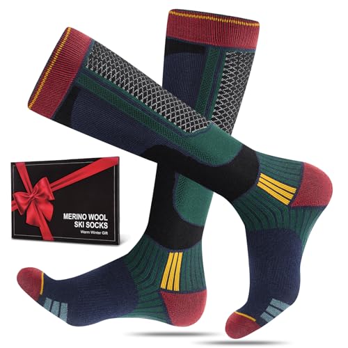 SukModen 2 Paar Skisocken aus Merinowolle für Herren Damen Jugendliche, Warme Merino Socken Thermosocken Dicke Wintersocken für Kaltes Wetter Skifahren Snowboarden Skistrümpfe Retro 43-46