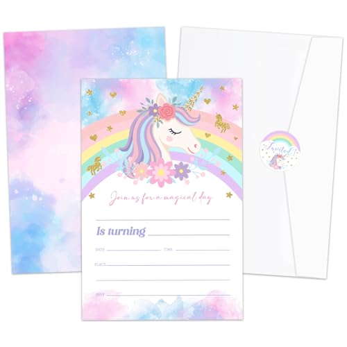 Smenudlli Magical Unicorn Birthday Party Invitations Rainbow Colorful Invites Cards with Envelopes and Sticker (20 Pack) Girls Birthday Party Decorations Supplies -04