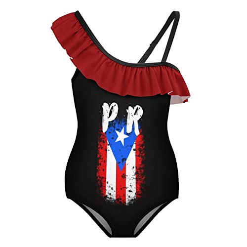 Puerto Rico PR Flag Girls' One Piece Swimsuit 3D Printed Ruffle Swimwear Floral Bathing Suit