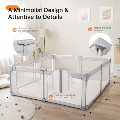 Image of Foldable Baby Playpen,Portable Indoor & Outdoor Playpen for Babies and Toddlers,59 inchx71 inchExtra Large Play Pen with Gate,Collapsible Baby Fence with Travel Bag(Light Grey)