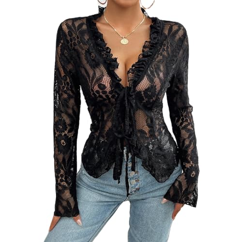 Woman Open Front Tie Up Mesh Lace Shirt Sexy v Neck Long Flare