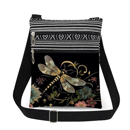 Dragonfly Adjustable Shoulder Strap Crossbody Bag Dragonfly Print with Flowers Messenger Bag for Nature Adults Birthday Gift for Sister Mother's Day Beautiful Present for Mom