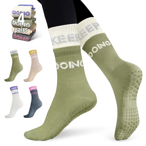 Pyopbow Non-Slip Pilates Yoga Socks with Grips for Women, 4 Pairs Non-Slip Crew Socks for Barre, Ballet, Dance, Workout, Ideal for Pilates, Yoga, Hospital