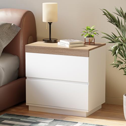 Image of Nightstand with Oak Top, 23.7 inch White Night Stand with 2 Drawers, Modern Bedside Table Wood End Table for Bedroom