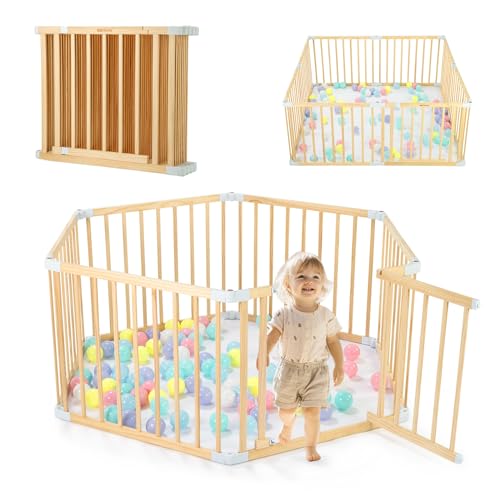 Image of Wooden Baby Playpen with Door, Changeable & Expandable Baby Play Fence for Toddlers, Large Wood Playpen Safety Baby Gate Playard, Safe Play Area Kids Activity Center Indoor Outdoor(26" Tall, 6-Panel)