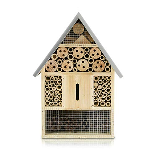 TRTO Wooden Insect Bee House Natural Wood Bug Hotel Shelter Garden Nest Box Nesting (Galvanised Roof Large)