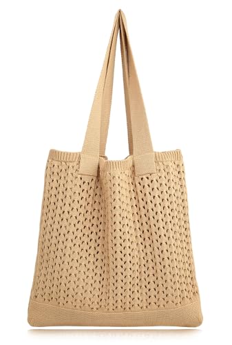 Image of COOKOOKY Lined Crochet Tote Beach Shoulder Bag Women Casual Work Shopping | Lined crochet tote with soft structure, perfect for beach, work, shopping. Roomy & lightweight for daily use.