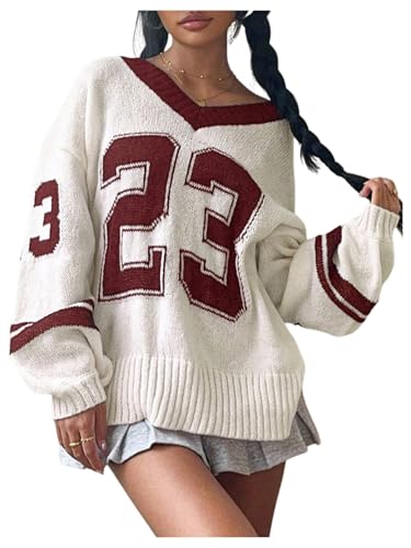Women's Y2K Sweaters Letter Print Oversized Sweaters Long Sleeve V Neck Pullover Sweater Jumper Top Knit Jersey Shirt