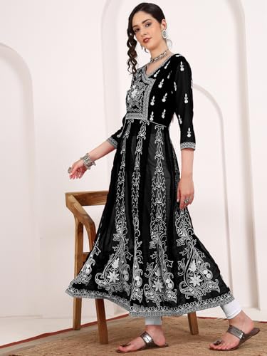 Image of EthnicJunction Women's Georgette Regular Fit Anarkali Embroidered Chikankari Work Angrakha Kurta