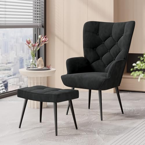 Aivermeil Sessel Wohnzimmer Einzelsofa Loungesessel modern Relaxsessel mit Hocker,Gold Metallfüßen, Samt, für Wohnzimmer Schlafzimmer, Bis 150 KG Schwarz