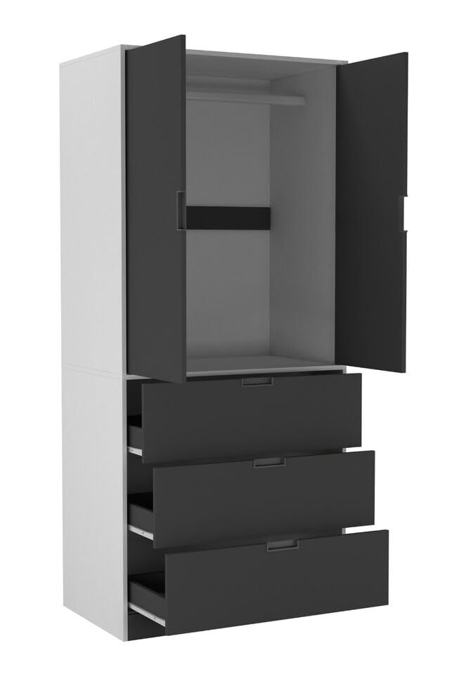 URBNLIVING Modern 2 Door Wardrobe with 3 Drawers & Hanging Rail, Stylish Freestanding Storage, Spacious Interior, Durable Chipboard Build, Easy to Assemble Bedroom Furniture