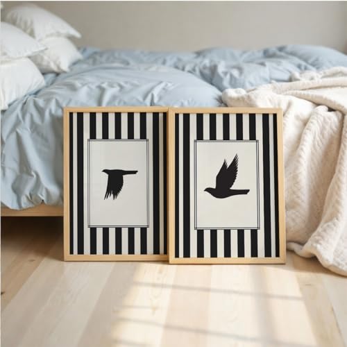 Image of Suneree Flying Birds Wall Art Set of 2 Framed Paintings | Black White Striped Minimal Bird Silhouette Poster | Living Room Bedroom Home Decor (Art 2, 13x19 Inches)