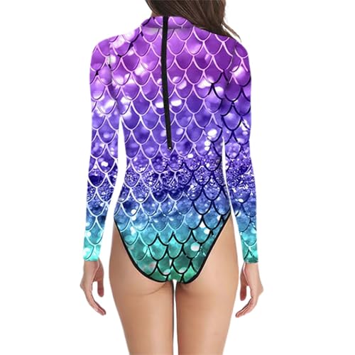Generisch Traje de baño de sirena de manga larga para mujer, traje de baño con estampado de escamas de pescado, traje de baño sexy de una pieza, traje de baño de sirena, traje de baño con brillo para