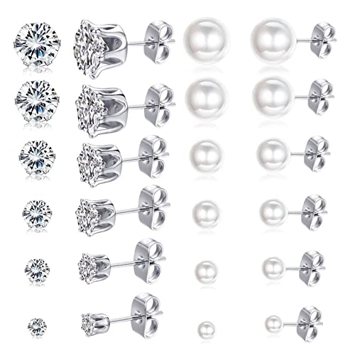 Spiritlele Cubic Zirconia Pearl Ball Stud Earrings Set 3-8mm Assorted CZ Stud Earrings for Women
