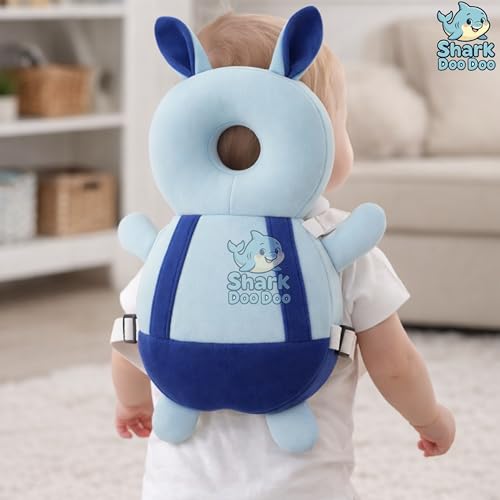 Image of Shark Doo Doo Bunny Shaped Blue Baby Head Protector Pillow - Infant Fall Protection Cushion | Soft Plush Safety Helmet with Adjustable Straps