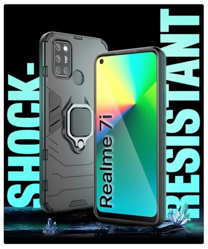 Image of WOW IMAGINE Shock Proof Back Case Mobile Cover for Realme 7i | Back Cover Case (Tough Armor | Hybrid PC + TPU | Ring Holder & in-Built Kickstand | Black)
