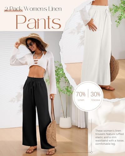 2 Pack Women's Linen Pants Summer Wide Leg Drawstring Elastic Waist Pant Casual Loose Fit Beach Trousers with Pockets2