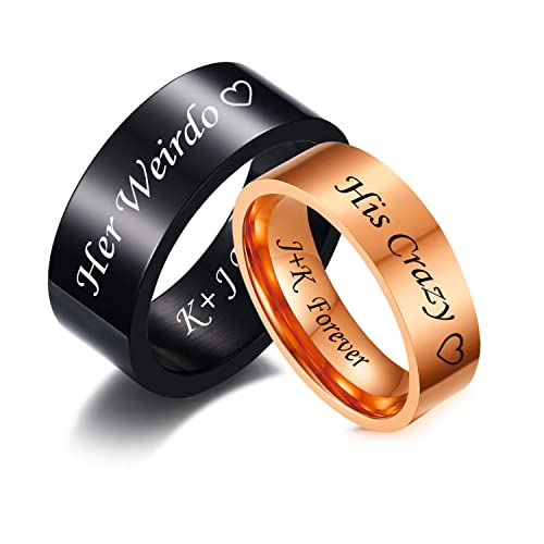 Free Personalized Engraved Nickname Date Coordinates Roman Numerals 8MM&6MM High Polish Stainless Steel Flat Engagement Ring Wedding Band,Anniversary Birthday Gift for Him Her