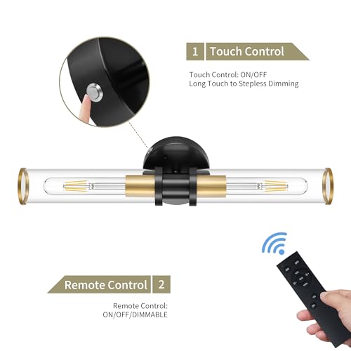 Image of Rayogale Black & Gold Wireless Battery Operated Wall Sconces with Remote | Glass Rechargeable Wall Lights Set of 2 with Timer Function Dimmable for Living Room Bedroom Emergency 3000K, 20.5 Inch