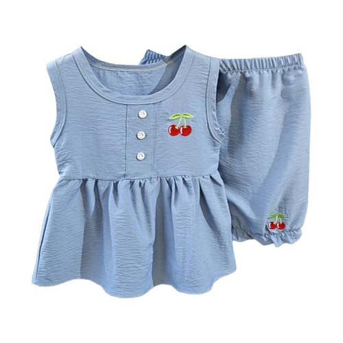 Girls 2 Piece Summer Outfits Ruffle Tank Top & Ruffled Hem Shorts Matching 𝐋ounge Set Cherry Graphic Outfits Trendy Clothes