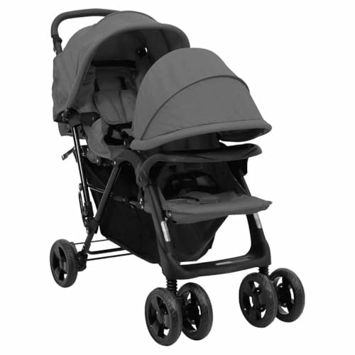 vidaXL Carrito para Gemelos Cochecito Sillita Gemelar Silla de Paseo Canasta Niños Reposapiés Ajustable Dosel Plegable Tándem Acero Gris Oscuro