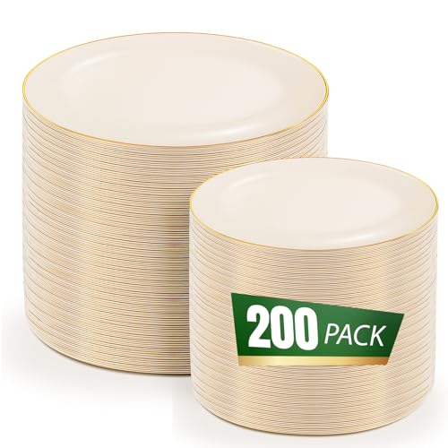 bUCLA 200PCS Ivory Plastic Plates with Gold Rim - Heavy Duty Cream Disposable Include 100 Dinner 10 inch & 100 Dessert 7 inch Plates, Ideal for Party & Thanksgiving