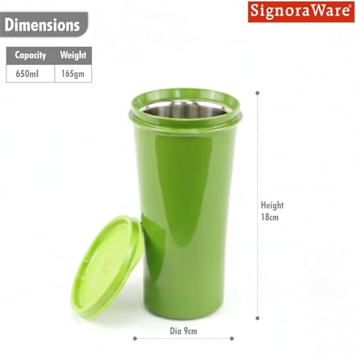 Image of SignoraWare Monarch Stainless Steel Tumbler | Airtight & Leakproof | Easy to Carry & Clean | Ideal for Cold Beverages | Perfect for Office, School, Home & Outdoor Use (650ml | Green)