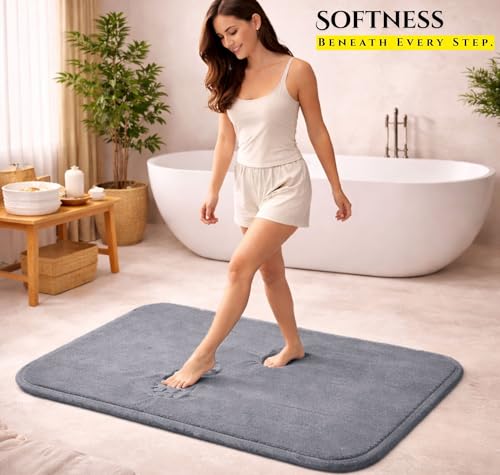 Image of VAS COLLECTIONS Memory Foam Bath Mat Non-Slip Anti-Skid Bathroom Rug (16x24 Inches) | Super Absorbent Quick Dry Shower & Tub Floor Mat (Slate Grey)