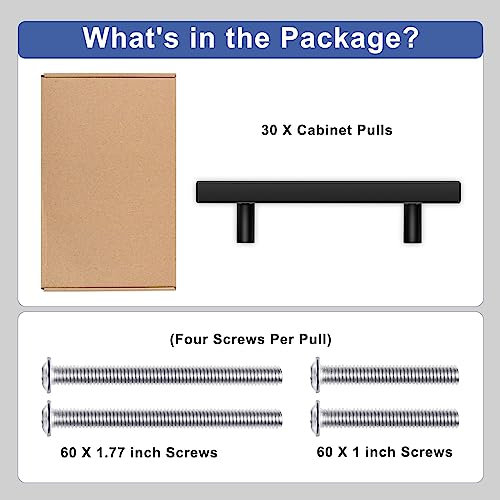 Onateel 30 Pack Cabinet Pulls Matte Black Stainless Steel Cabinet Handles 6" Length, 3-3/4" Inch Hole Center Drawer Pulls Kitchen Cabinet Hardware For Kitchen And Bathroom Cabinets #TOP5