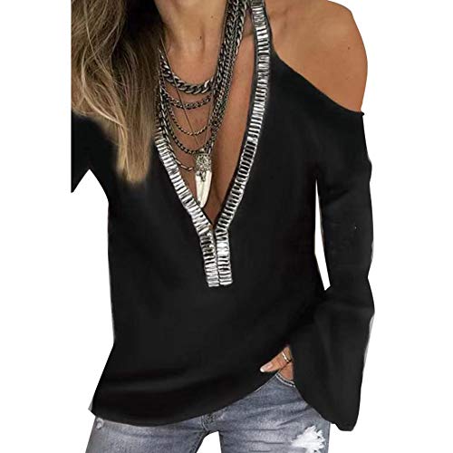 GLOA Summer Casual T-shirt, Fashion Women Sequins V-Neck Loose Cold Shoulder Long Sleeve Pullover Blouse Top Black L